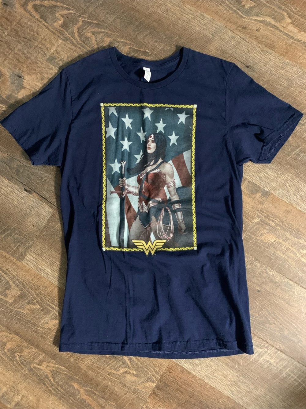 Wonder Woman Navy Graphic Tee with American Flag Background M